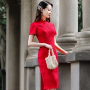 大红色旗袍女2024年轻款小个子150cm显高高端气质改良连衣裙