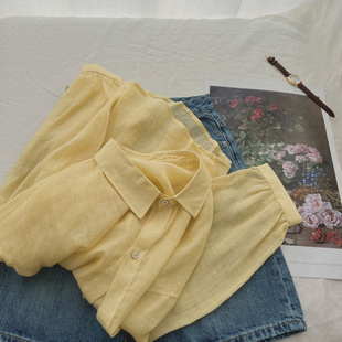 独家自制。高支天然苎麻显白奶油，黄长袖(黄长袖)衬衫女宽松空调夏防晒(夏防晒)2023