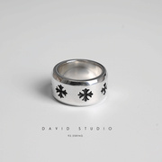 david925纯银十字架潮流做旧纯银男款戒指食指，指环情侣戒指