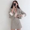 韩国chic优雅气质西装领一粒扣短外套+高腰显瘦包臀a字型半身裙女