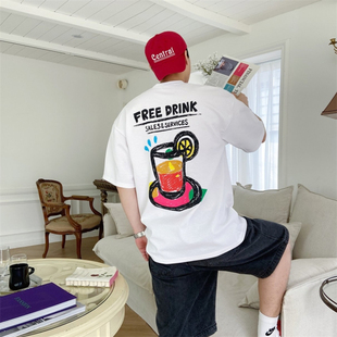 韩国男装潮流彩色果汁涂鸦时尚设计感英文印花TEE大码短袖T恤