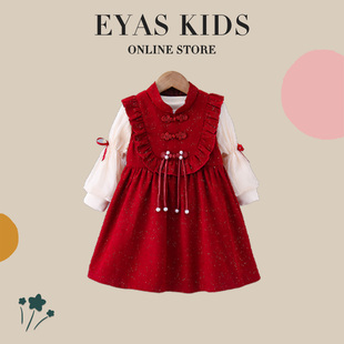 eyas女童红色加绒连衣裙，2023秋冬纯色，套头洋气礼服公主裙套装