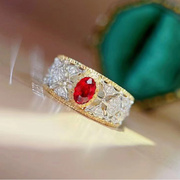 宝创集18k金0.78克拉天然鸽血红宝石戒指，镶嵌钻石蕾丝宫廷风