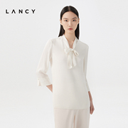 LANCY/朗姿2023夏季真丝白色衬衫喇叭袖V领通勤透气衬衣女装