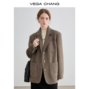 vegachang毛呢西装外套，女2024年春秋，法式复古加厚呢子大衣