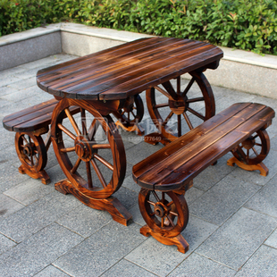 碳化实木庭院阳台车轮桌凳咖啡桌椅田园花园茶几三件套休闲组合