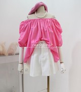 粉色娃娃衫2022夏季韩国女装衬衫宽松显白一字领露肩温柔仙气上衣