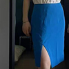 富耀姿蓝色包臀裙侧开叉一步裙高腰短裙法式纯色复古半裙24夏季