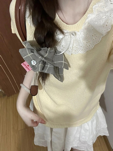 奶黄色蕾丝花边蝴蝶结，上衣女2024春夏法式甜美小个子，减龄针织短袖