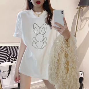 镶钻兔子白色短袖，t恤女2024夏季韩版宽松大版中长款上衣ins潮