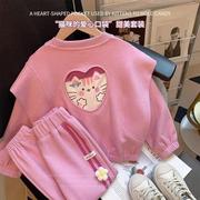 女孩套装春装2023韩版洋气中小童爱心猫咪卫衣女宝宝两件套潮