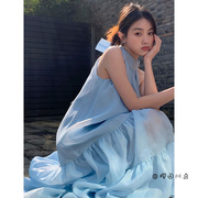 樱田川岛夏季法式高端度假挂脖无袖洋气网纱连衣裙小众蓝色长裙女
