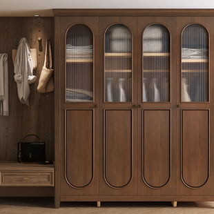 乡村美式实木衣柜家用卧室储物四门大衣柜现代简约法式衣橱玻璃门