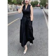 韩国设计师CherryKoko夏季黑色V领无袖长款连衣裙修身显瘦女