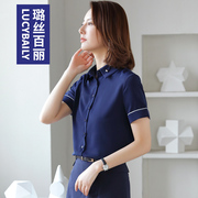 璐丝百丽蓝色衬衫，女夏短袖职业气质雪纺衬衣，设计感上衣2024