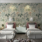 美式田园手绘植物叶子，客厅背景墙壁纸，壁布卧室床头环保墙纸壁画