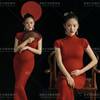 影楼孕妇中国风主题复古民国红色针织旗袍，孕妈咪摄影拍照服装