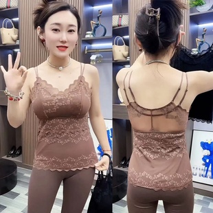 蕾丝吊带背心女带胸垫收副乳，文胸性感v领内搭美背，保暖内衣潮8042