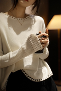 羊毛衫女薄款高级感白色，优雅圆领宽松套头镂空针织打底衫短款毛衣