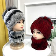 冬季獭兔毛条纹帽子保暖皮草圆帽脖套二件套青中老年兔毛绒流苏帽