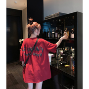 韩国2024春夏卡通字母红色短袖t恤女潮中长款宽松洋气大码