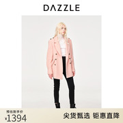 dazzle地素奥莱秋通勤粉色，西装领肩章设计中长款毛呢大衣外套女