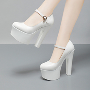 15cm超高跟鞋走秀鞋女夏模特(夏模特，)舒服白色，细跟厚底防水台2023年圆头鞋