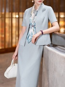 浅蓝色连衣裙女夏季2024时尚气质高级感职业套装裙西装两件套