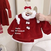 *新年圣诞毛呢套装*儿童女童2023年拜年服洋气酒红色套装裙子