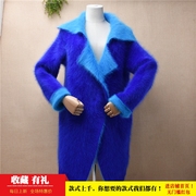 冬季加厚中长款长毛水貂绒蓝色西装领宽松长袖开衫外套毛衣女e231