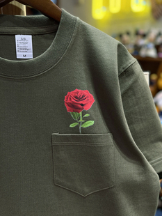 阿默商店 vintage美式复古 创意玫瑰花 口袋纯棉重磅男女情侣T恤