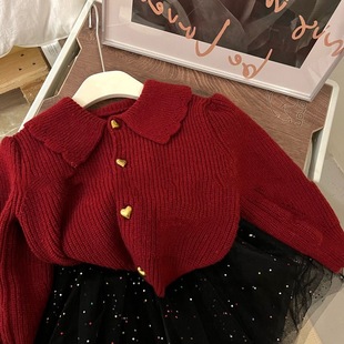 韩国童装2024女童秋装，复古百搭针织开衫，儿童翻领长袖纯色毛衣红色