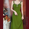 巷里复古绿色吊带连衣裙法式赫本性感，修身显瘦温柔气质小礼服长裙