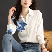2024个性别致印花白色雪纺衬衫女休闲中国风简约显瘦减龄时尚