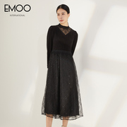 EMOO杨门秋冬气质显瘦黑色长袖假两件打底拼接针织连衣裙