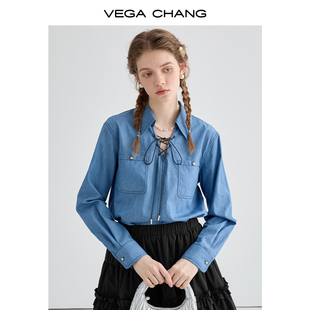 VEGA CHANG牛仔衬衫女设计感小众复古时尚系带长袖上衣2024春