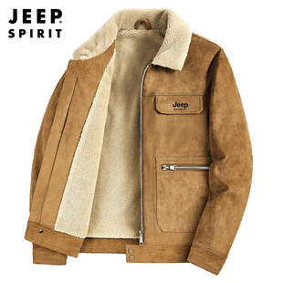 JEEP吉普加绒加厚棉衣外套男冬季中年爸爸冬装羊羔绒翻领休闲棉服