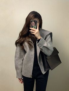 韩版灰色大翻领双面呢子，外套2023冬季设计感小众高端毛呢大衣
