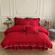 婚庆水洗棉床上四件套，床裙夹棉大红色被套床单，床品绗缝床盖三件套