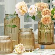 复古森林简约竖纹多色透明玻璃花瓶大口径居家办公桌面咖啡馆花瓶