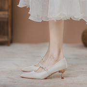 白色法式高跟鞋女细跟2023百搭尖头，仙女风伴娘，单鞋子(单鞋子)红色婚鞋