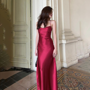 instunning法式缎面吊带裙优雅气质，红色连衣裙女简约露背礼服裙