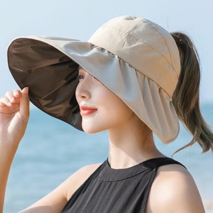 黑胶防晒帽女夏季大檐遮阳防紫外线户外骑车沙滩，太阳帽子空顶遮脸