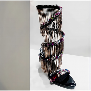 欧美外贸彩色宝石流苏靴露趾水钻蛇形环绕凉靴波西米亚民族风凉鞋