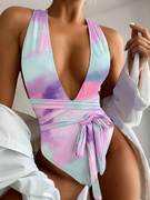 2020亚马逊bikini欧美深v比基尼性感连体，印花泳衣女