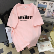 粉色短袖女款2024夏季美式纯棉t恤男生重磅vintage宽松体恤衫