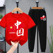 中大童短袖长裤套装中国五星国风休闲运动男童女童短t卫裤2件装潮