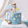 女孩生日烘焙蛋糕，装饰蓝色清新少女白裙黄帽雏菊，花海郊游布置c