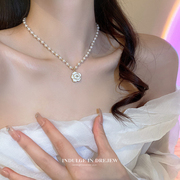 山茶花珍珠项链2023高级感法式复古婚纱小香风锁骨链颈链