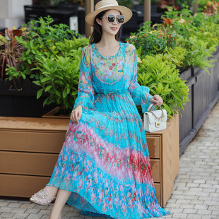 拜占庭的森林桑蚕丝连衣裙，高端气质优雅复古蓝色碎花海边沙滩长裙
